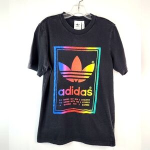 Adidas Women's Black Tee Rainbow Graphic Classic Brand Logo Shirt, sz SM